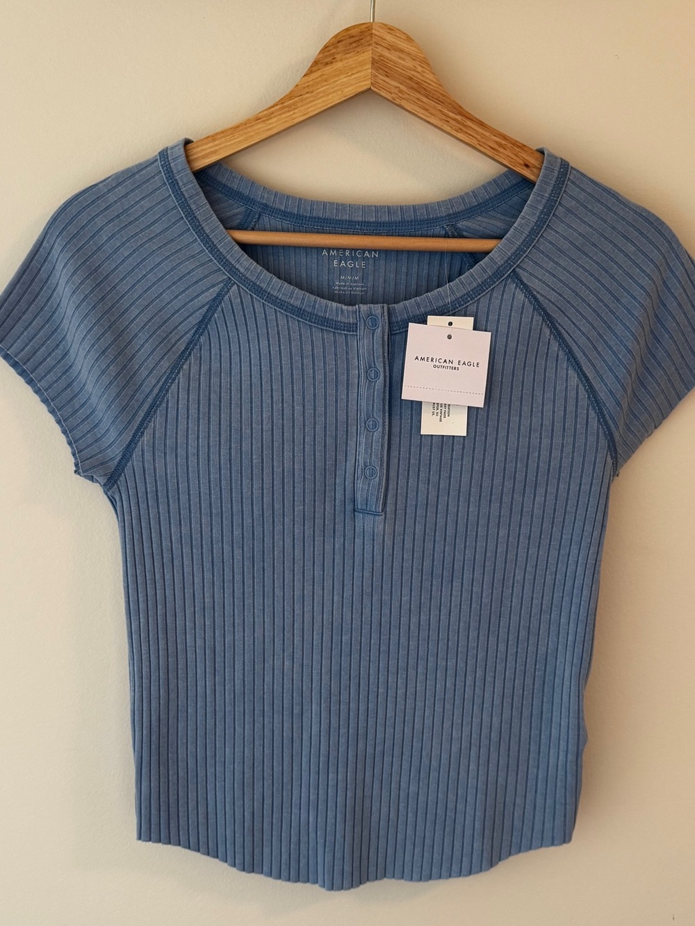 American Eagle Outfitters Women's Light Blue Ribbed Henley Button Up Top